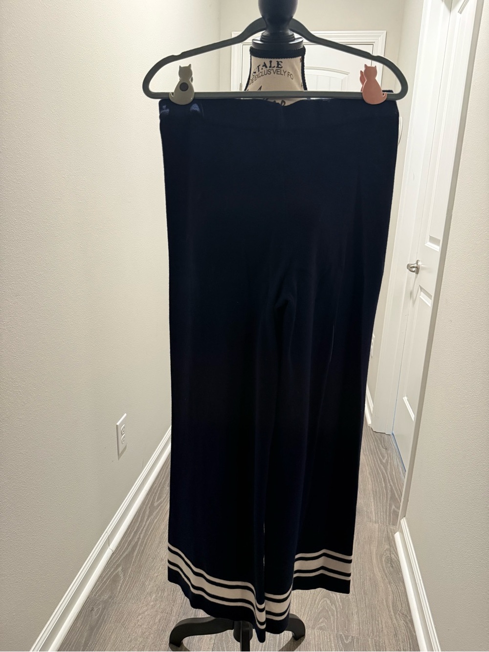 Navy Blue Wide-Leg Pants with Nautical Stripe Hem